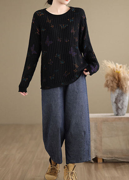 Black O Neck Print Cotton Knit Sweaters Spring