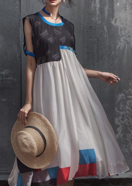 Black O Neck Print Patchwork Silk Dresses Summer