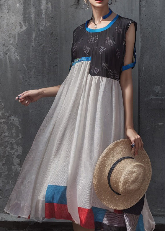 Black O Neck Print Patchwork Silk Dresses Summer
