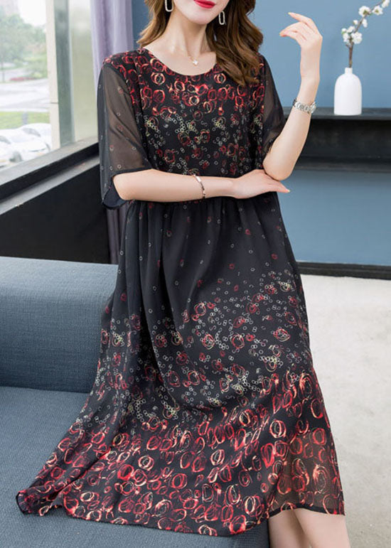 Black O Neck Print Wrinkled Patchwork Chiffon Dress Summer
