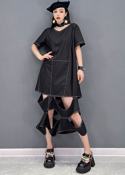 Black O-neck Ripped Patchwork Long Dress Short Sleeve