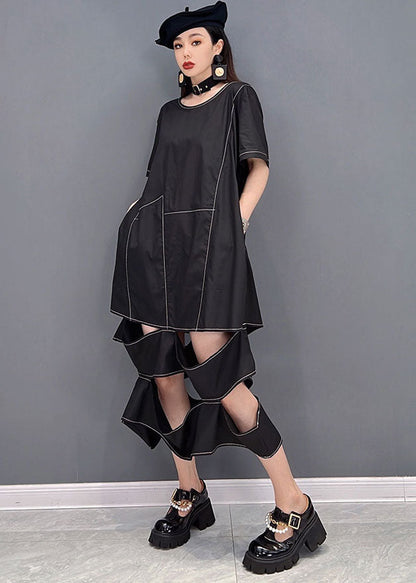 Black O-neck Ripped Patchwork Long Dress Short Sleeve