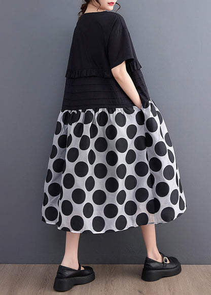 Black O-neck Ruffled Patchwork Print Dot Maxi Dress Short Sleeve