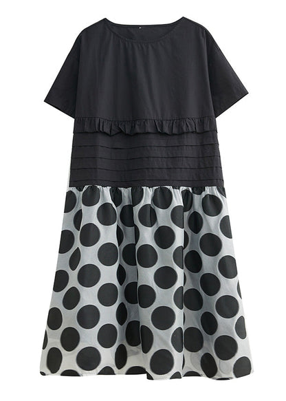 Black O-neck Ruffled Patchwork Print Dot Maxi Dress Short Sleeve