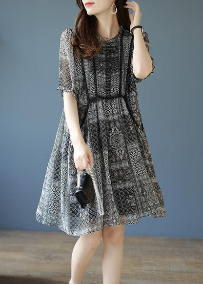 Black O-neck Ruffled Print Chiffon Party Dress Summer