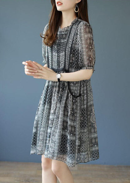 Black O-neck Ruffled Print Chiffon Party Dress Summer