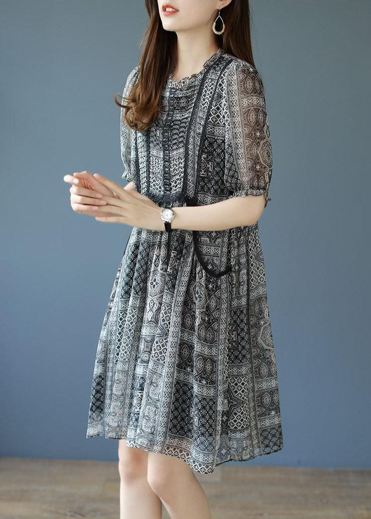 Black O-neck Ruffled Print Chiffon Party Dress Summer