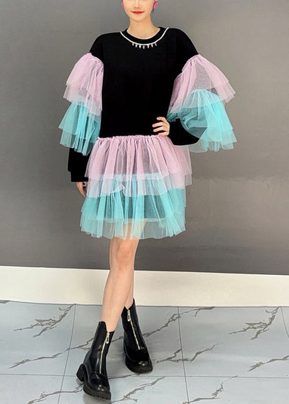 Black O Neck Tulle Patchwork Cotton Mid Dress Spring