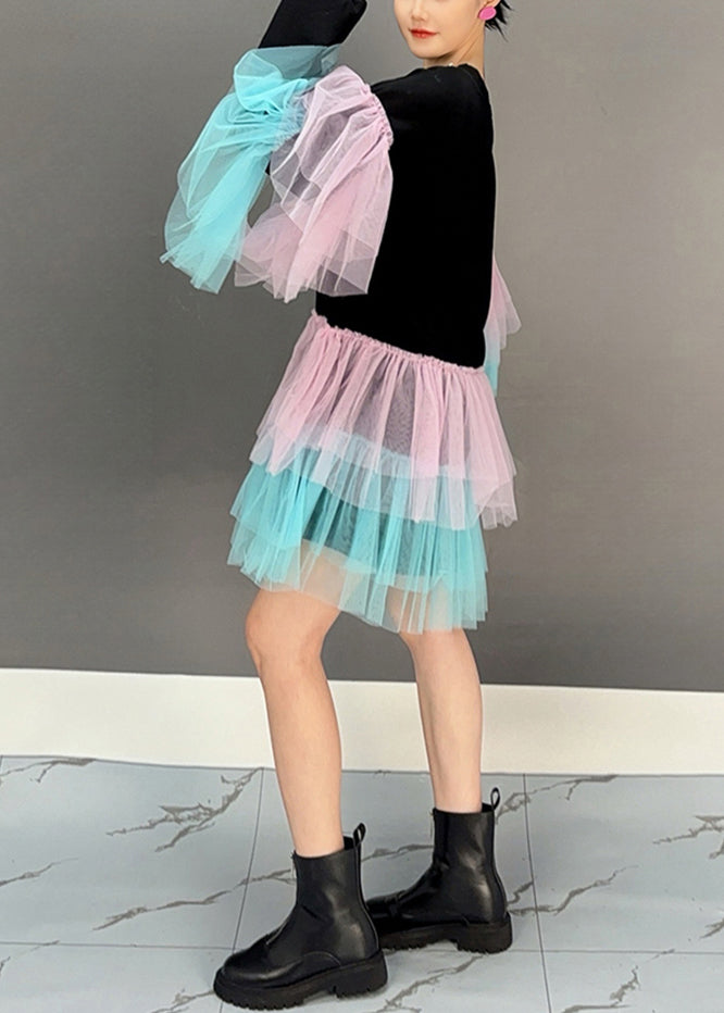 Black O Neck Tulle Patchwork Cotton Mid Dress Spring