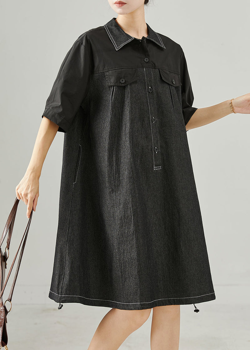 Black Oversized Patchwork Cotton Mid Dress Summer