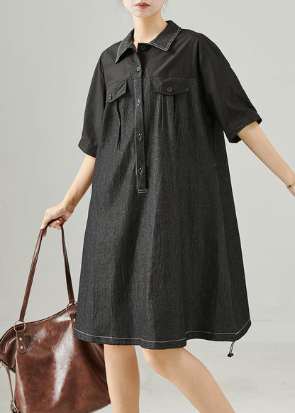 Black Oversized Patchwork Cotton Mid Dress Summer