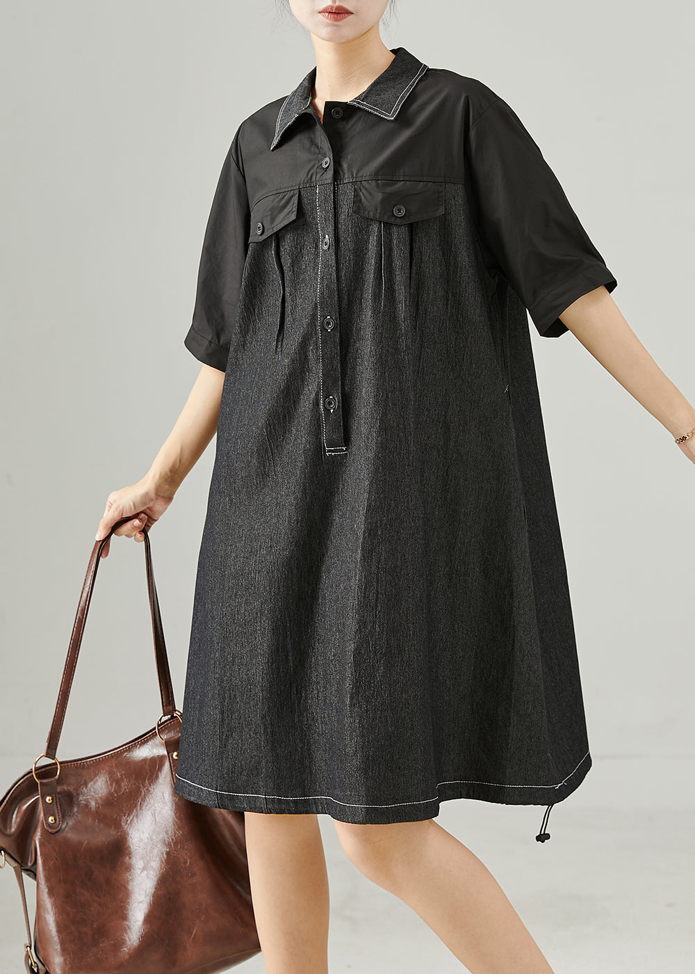 Black Oversized Patchwork Cotton Mid Dress Summer