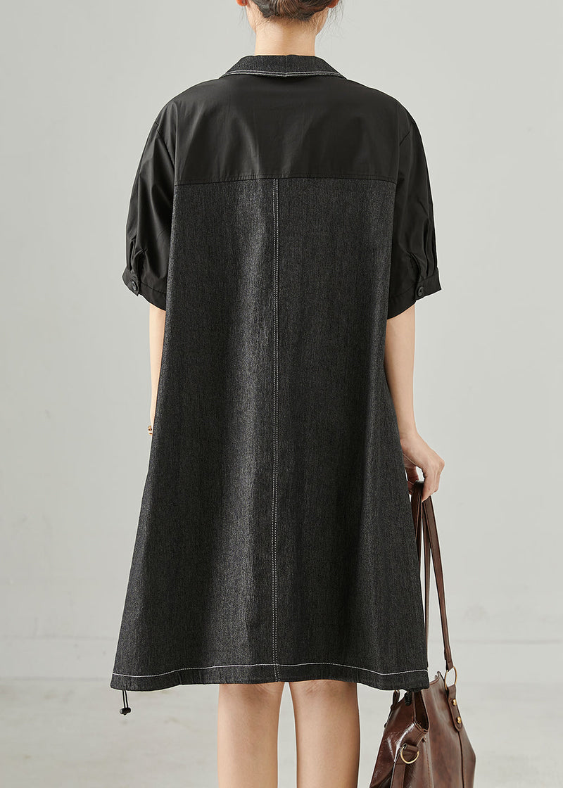 Black Oversized Patchwork Cotton Mid Dress Summer