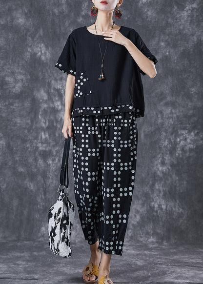 Black Oversized Patchwork Dot Cotton Two-piece Set Summer