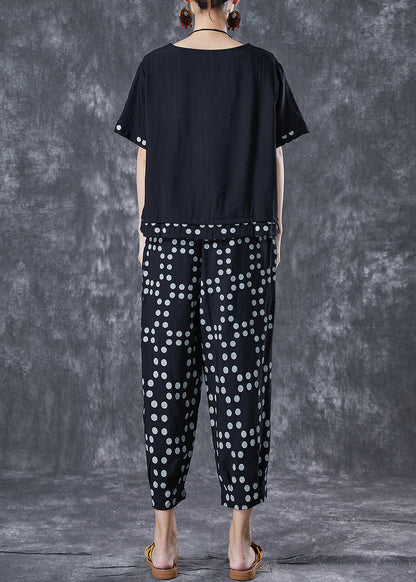 Black Oversized Patchwork Dot Cotton Two-piece Set Summer