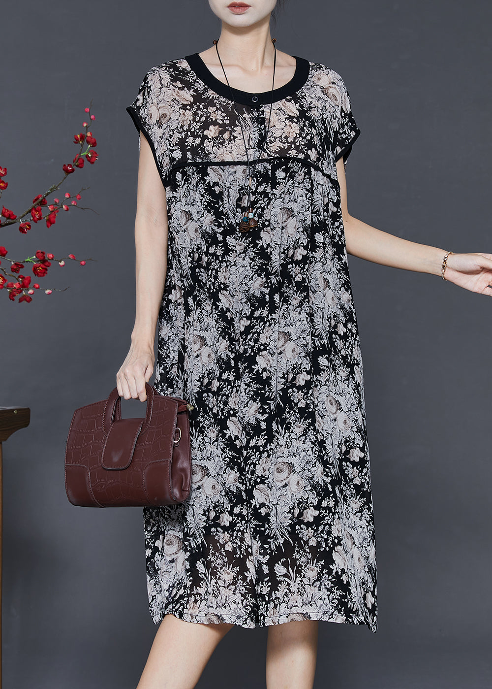 Black Oversized Print Chiffon Maxi Dress Summer