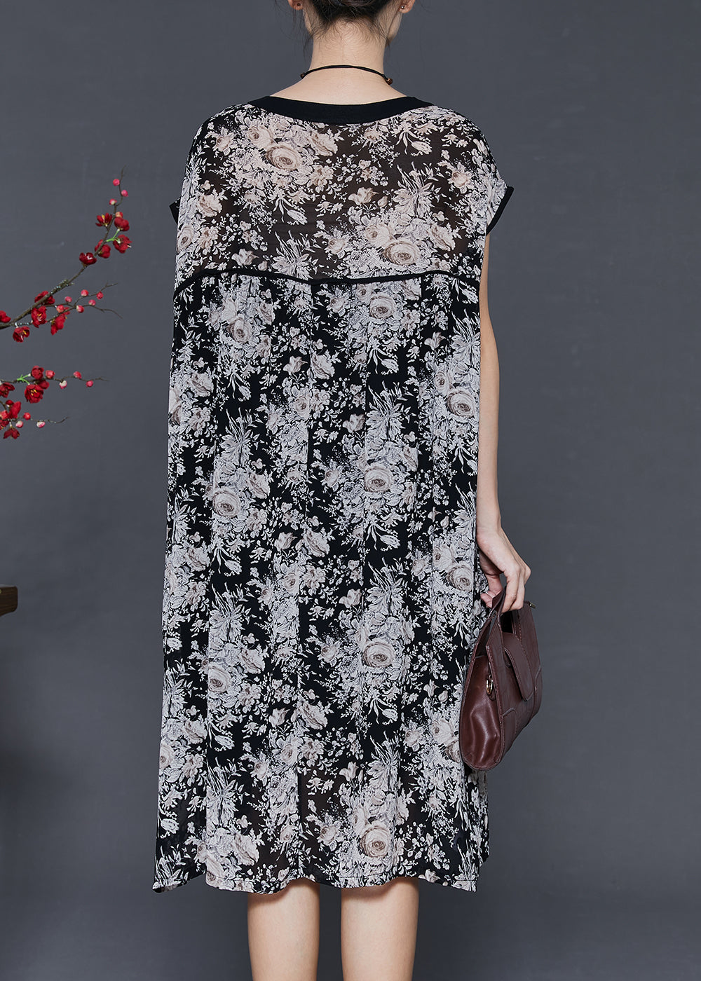 Black Oversized Print Chiffon Maxi Dress Summer