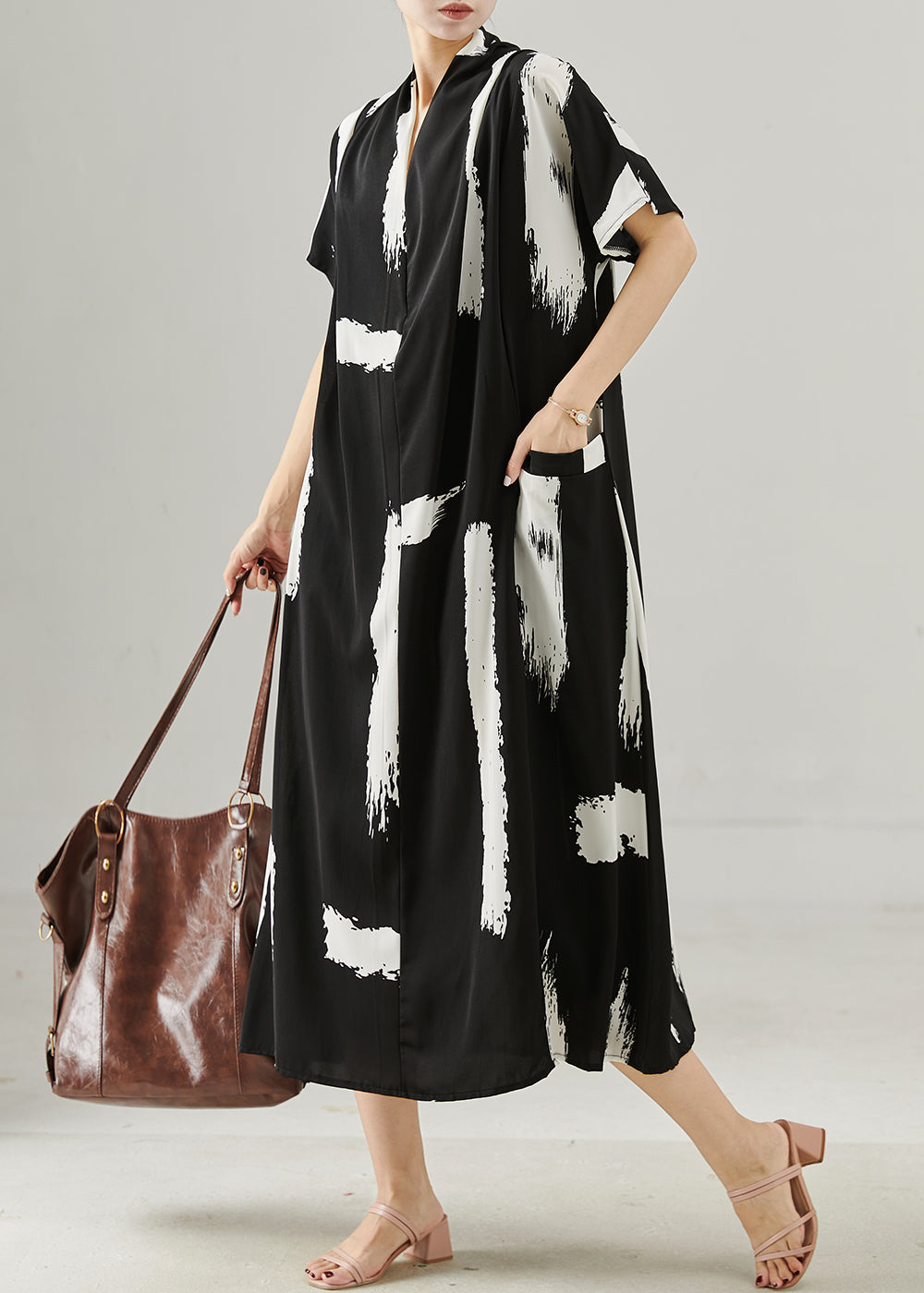Black Oversized Print Chiffon Maxi Dresses Summer