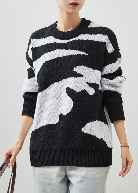 Black Oversized Print Thick Knitted Tops Winter
