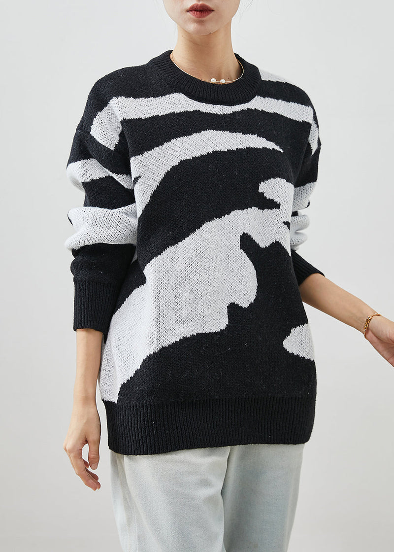 Black Oversized Print Thick Knitted Tops Winter