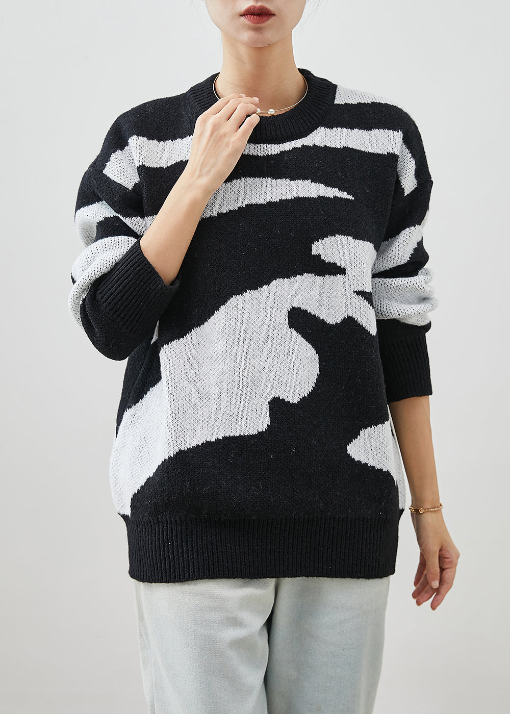 Black Oversized Print Thick Knitted Tops Winter