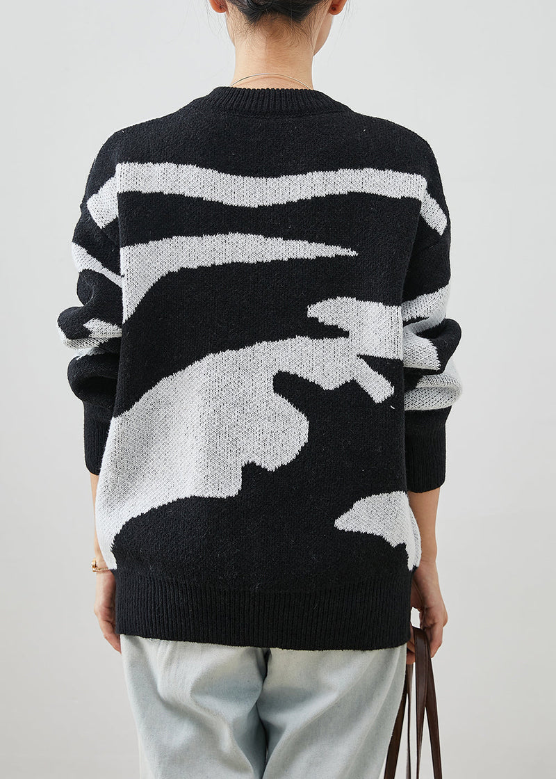Black Oversized Print Thick Knitted Tops Winter