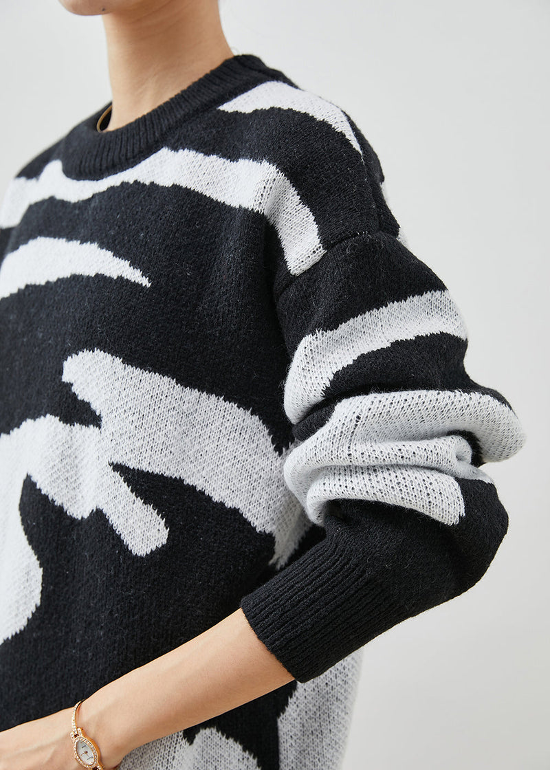 Black Oversized Print Thick Knitted Tops Winter