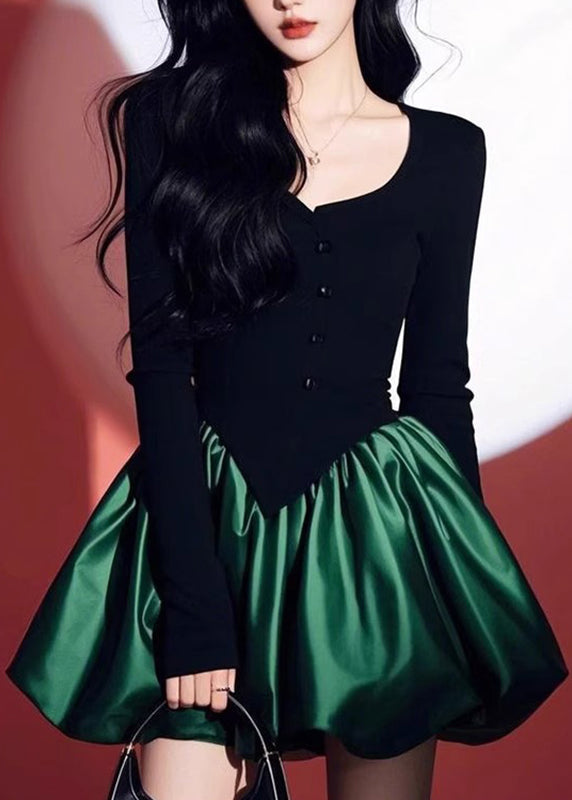 Black Patchwork Green O-neck Mid Dress Spring