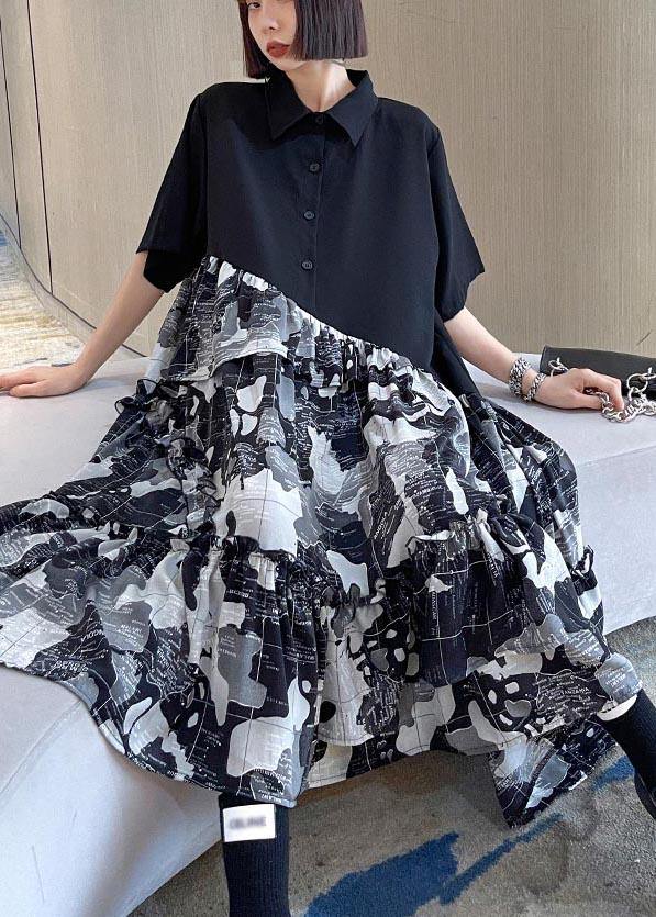 Black Patchwork Print Cotton Button Summer Maxi Dress