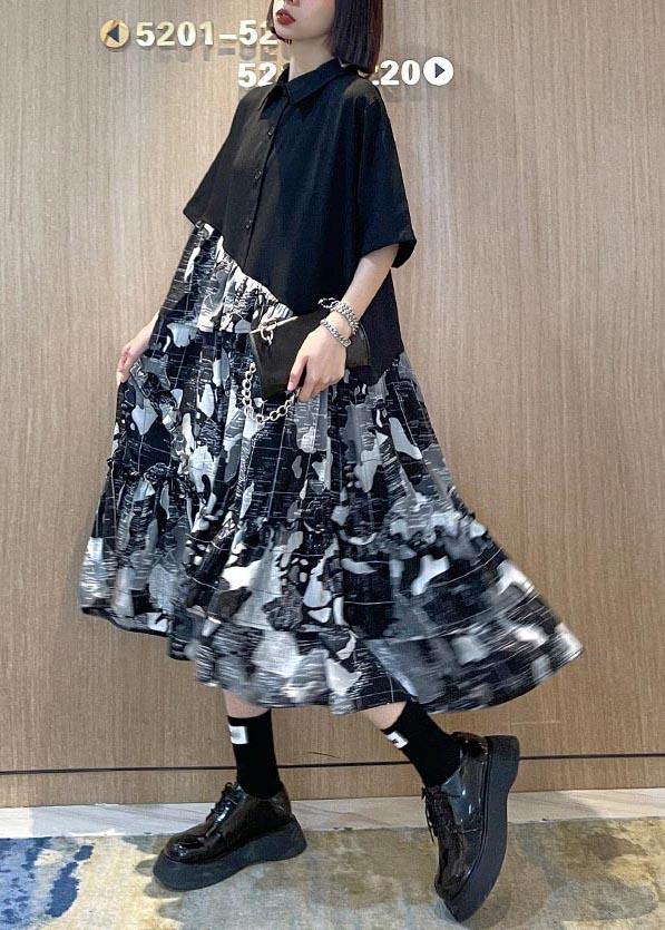 Black Patchwork Print Cotton Button Summer Maxi Dress