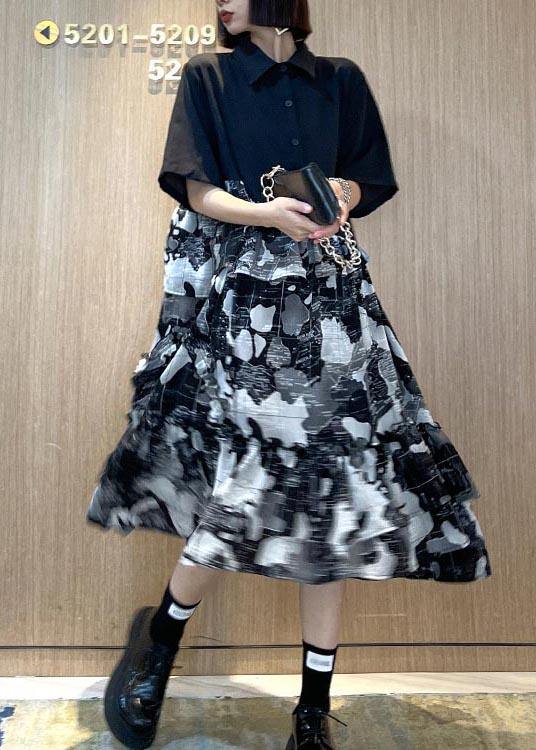 Black Patchwork Print Cotton Button Summer Maxi Dress