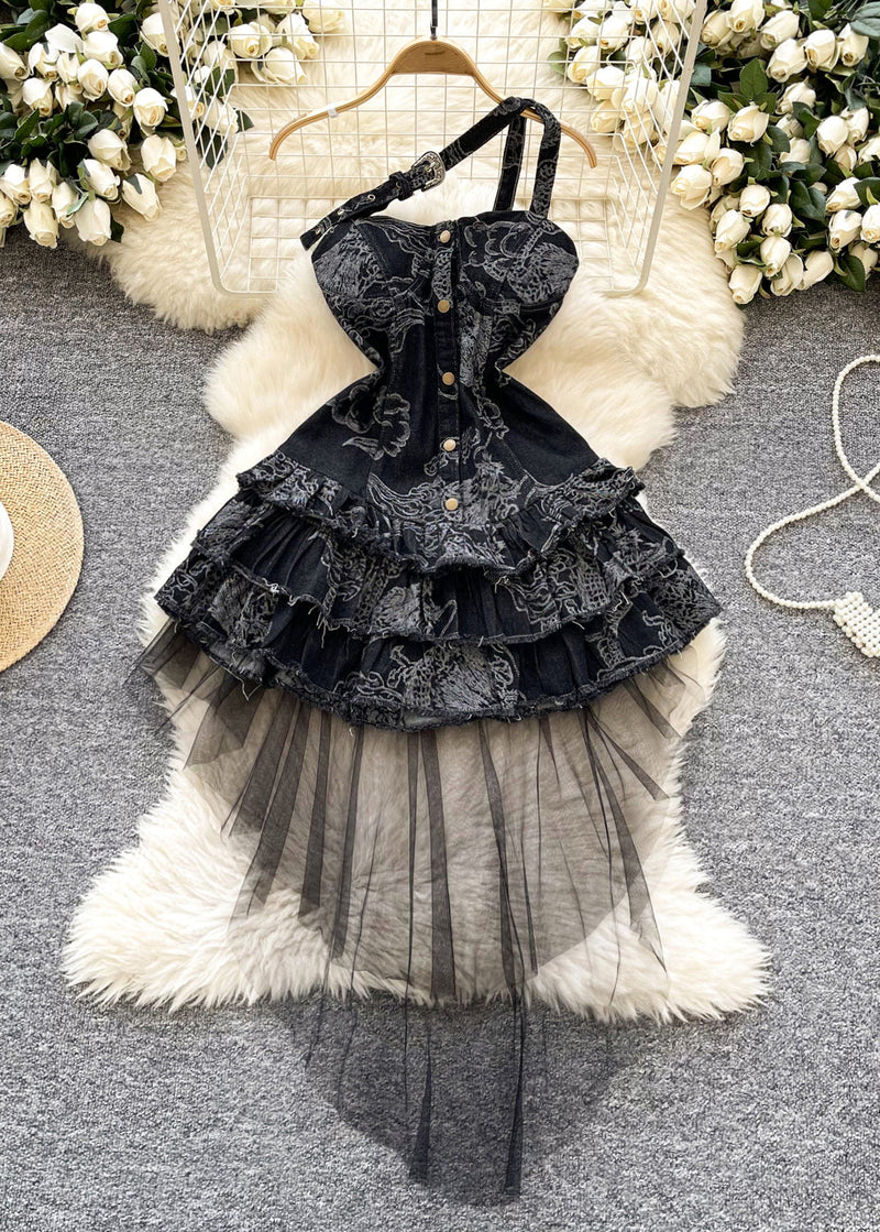 Black Patchwork Tulle Denim Strapless Dress Summer