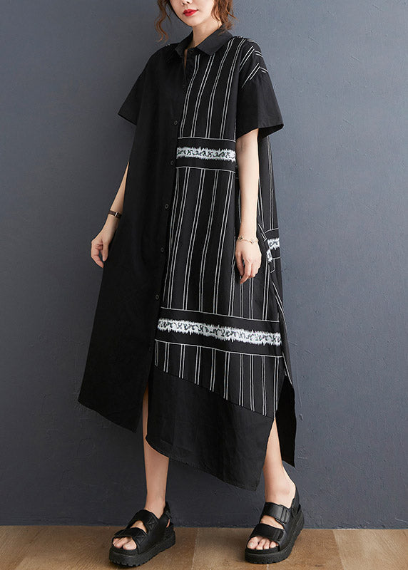Black Peter Pan Collar Button Asymmetrical Side Open Dress Short Sleeve