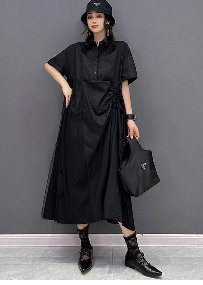 Black Peter Pan Collar Cinched Button Tulle Patchwork Maxi Dresses Short Sleeve