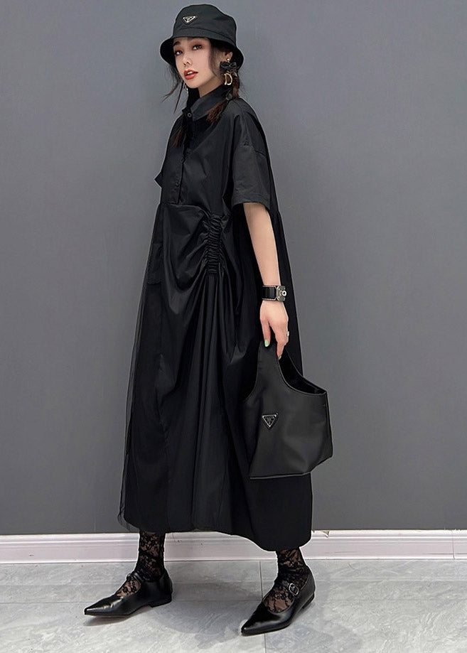 Black Peter Pan Collar Cinched Button Tulle Patchwork Maxi Dresses Short Sleeve