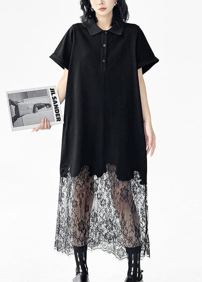 Black Peter Pan Collar Lace Patchwork Cotton Dresses Summer