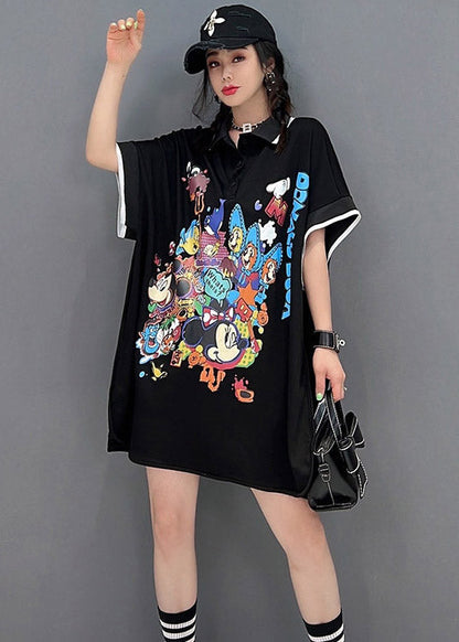 Black Peter Pan Collar Print Mid Dresses Short Sleeve