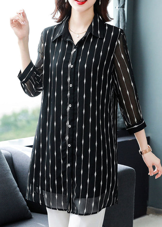 Black Peter Pan Collar Striped Patchwork Silk Shirt Bracelet Sleeve