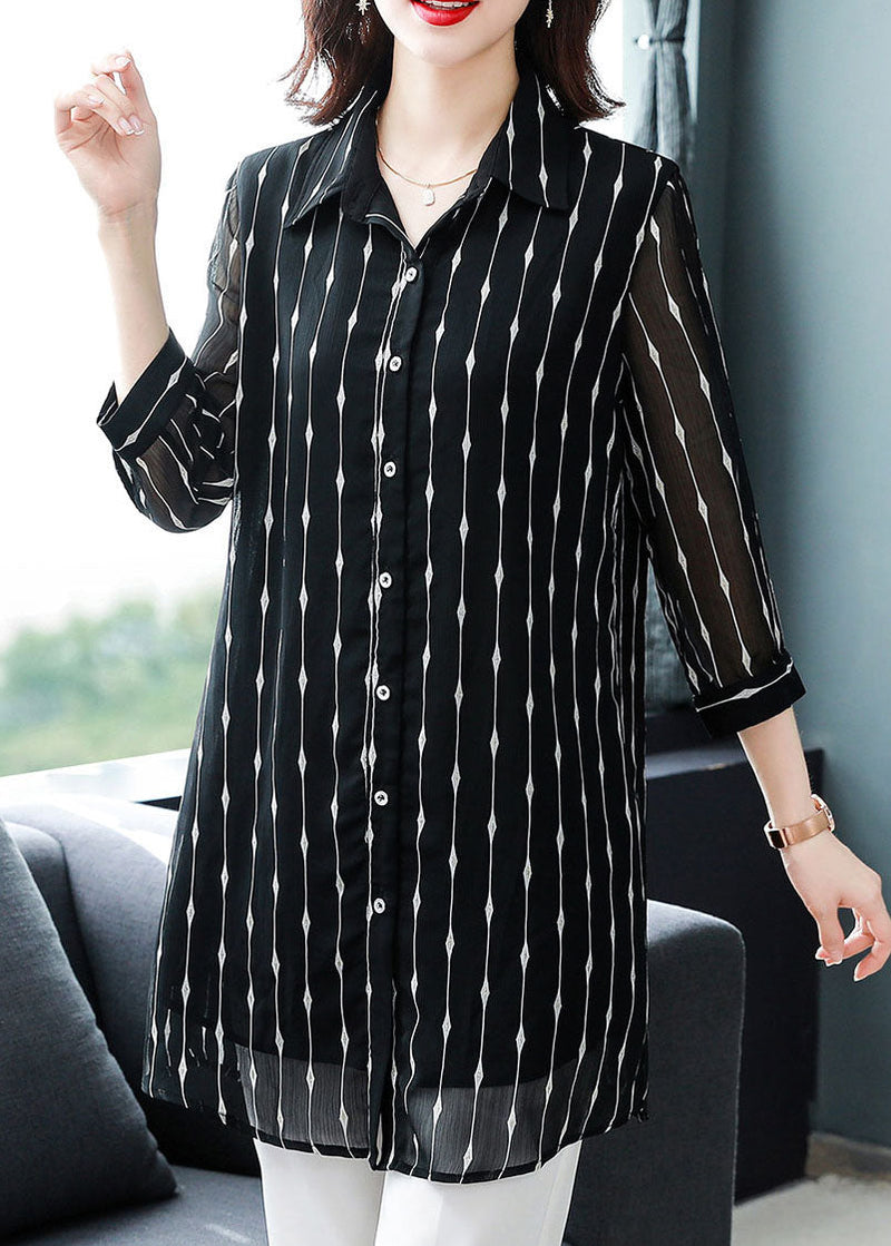 Black Peter Pan Collar Striped Patchwork Silk Shirt Bracelet Sleeve