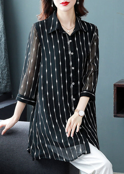 Black Peter Pan Collar Striped Patchwork Silk Shirt Bracelet Sleeve
