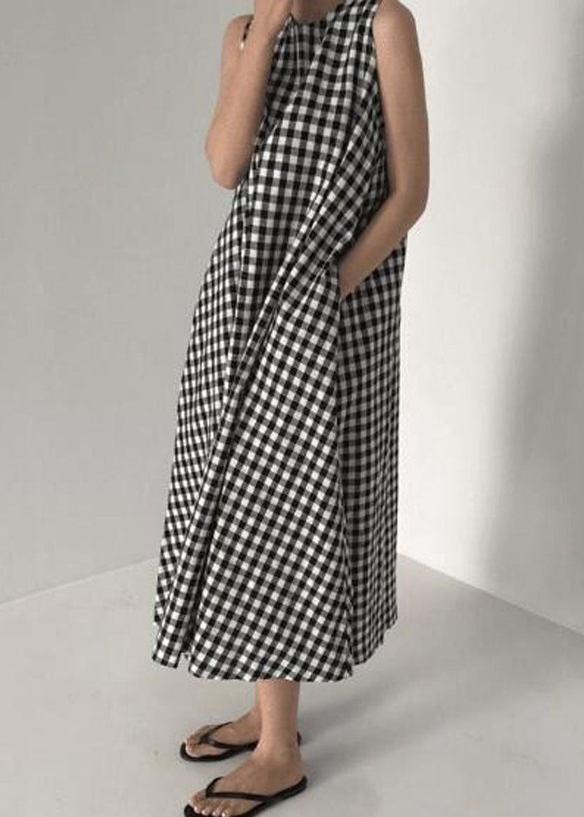 Black Plaid O Neck Patchwork Cotton Dress Sleeveless