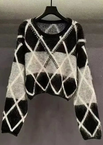 Black Plaid Sequined Patchwork Cotton Knit Sweaters Long Sleeve