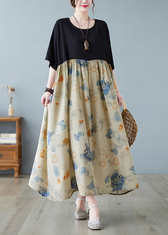 Black Print Patchwork Long Dresses Short Sleeve