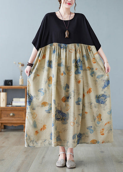 Black Print Patchwork Long Dresses Short Sleeve
