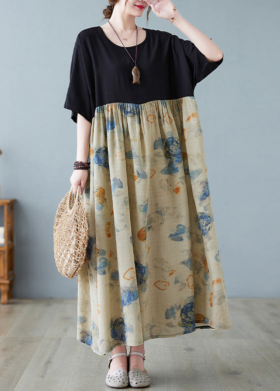 Black Print Patchwork Long Dresses Short Sleeve