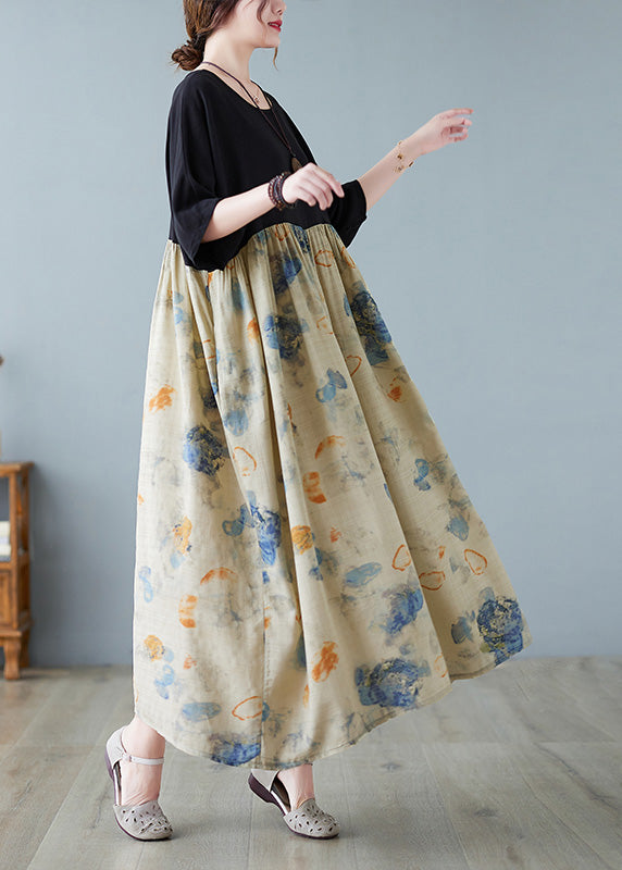 Black Print Patchwork Long Dresses Short Sleeve