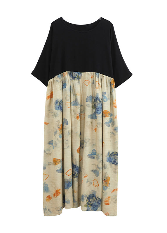 Black Print Patchwork Long Dresses Short Sleeve