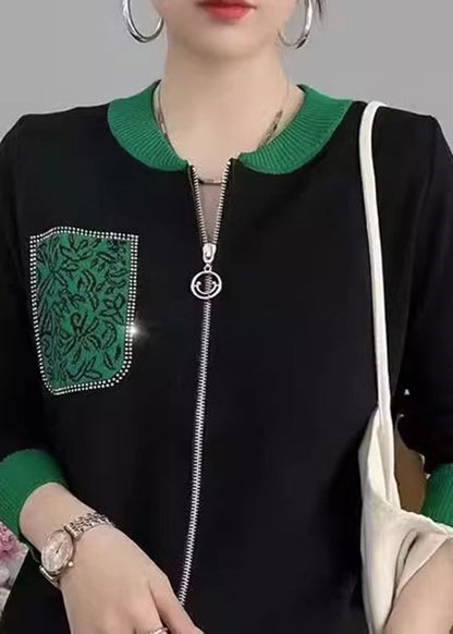 Black Print Zircon Zip Up Patchwork Knit Coat Fall