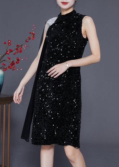 Black Sequins Cloak Slim Fit Mid Dress Summer