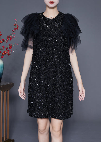 Black Sequins Patchwork Mid Dress Vestidos Summer